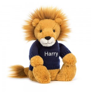 Jerséis Jellycat Bashful Lion with Personalised Navy Jumper 31cm x 12cm x 9cm Amarillo Argentina | UHSOC-4682