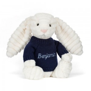 Jerséis Jellycat Bashful Luxe Bunny Nimbus with Personalised Navy Jumper 31cm x 12cm x 9cm Blancas Argentina | CTZJM-2396
