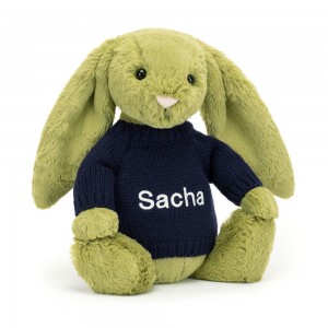 Jerséis Jellycat Bashful Moss Bunny with Personalised Navy Jumper 31cm x 12cm x 9cm Verde Argentina | MUOEK-4795